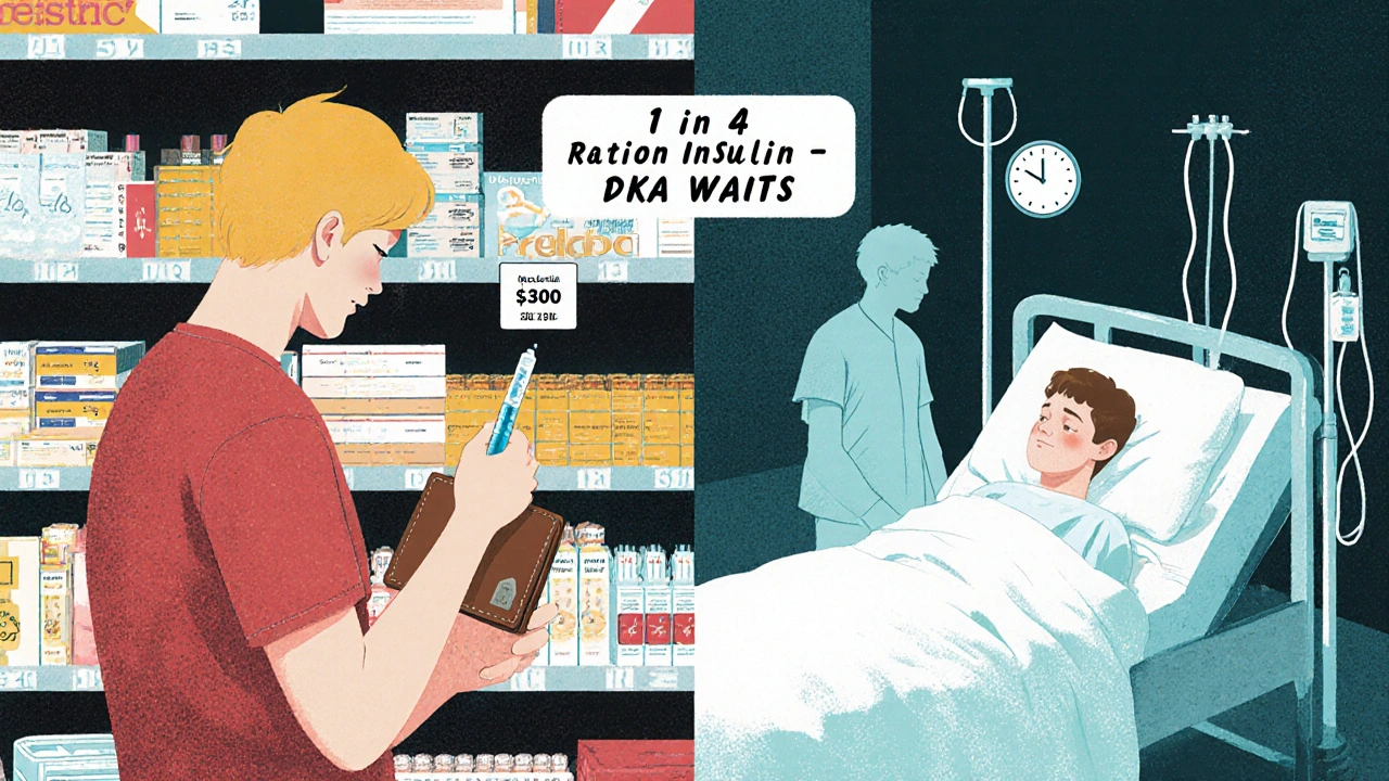 A person facing the high cost of insulin, contrasted with hospitalization from rationing medication.