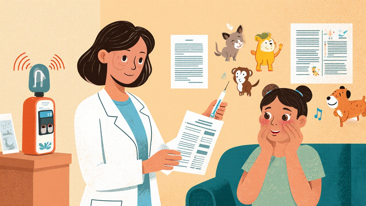 A pharmacist gives a parent a printed guide and oral syringe in a clinic, with a smart dispenser beeping.