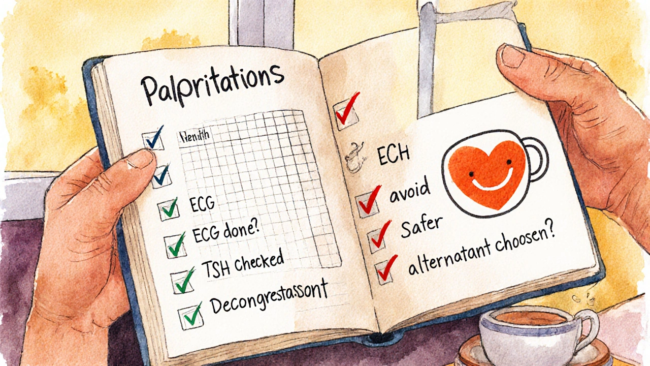 An elderly person checks a medication safety checklist with a journal and teacup nearby.