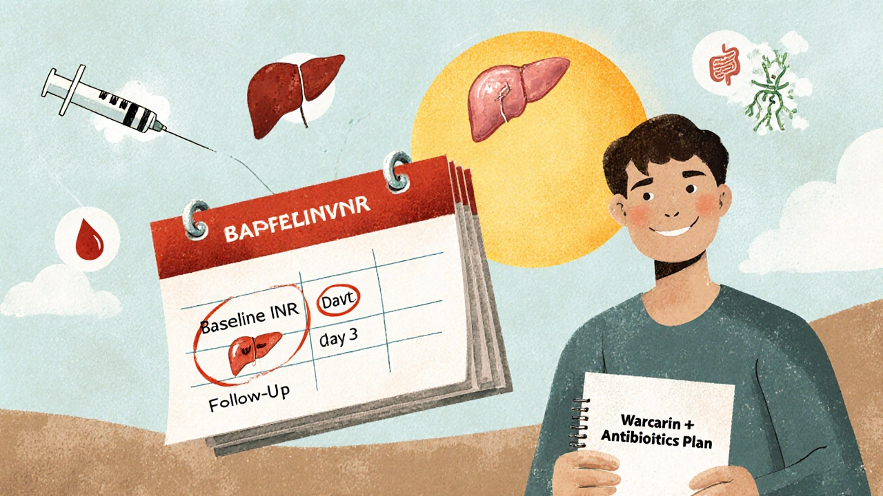 Calendar with INR check dates and medical icons, patient calmly planning warfarin and antibiotic use.