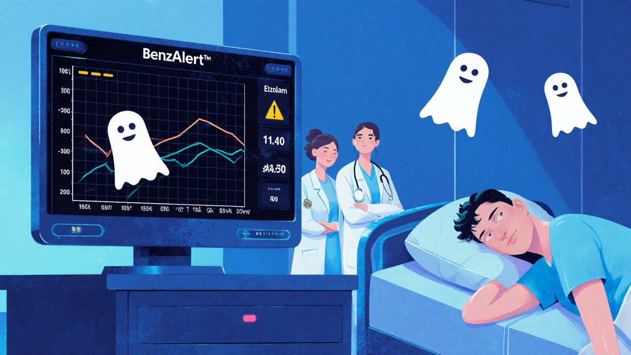 Doctor and nurse monitoring a patient with a futuristic benzodiazepine blood monitor.