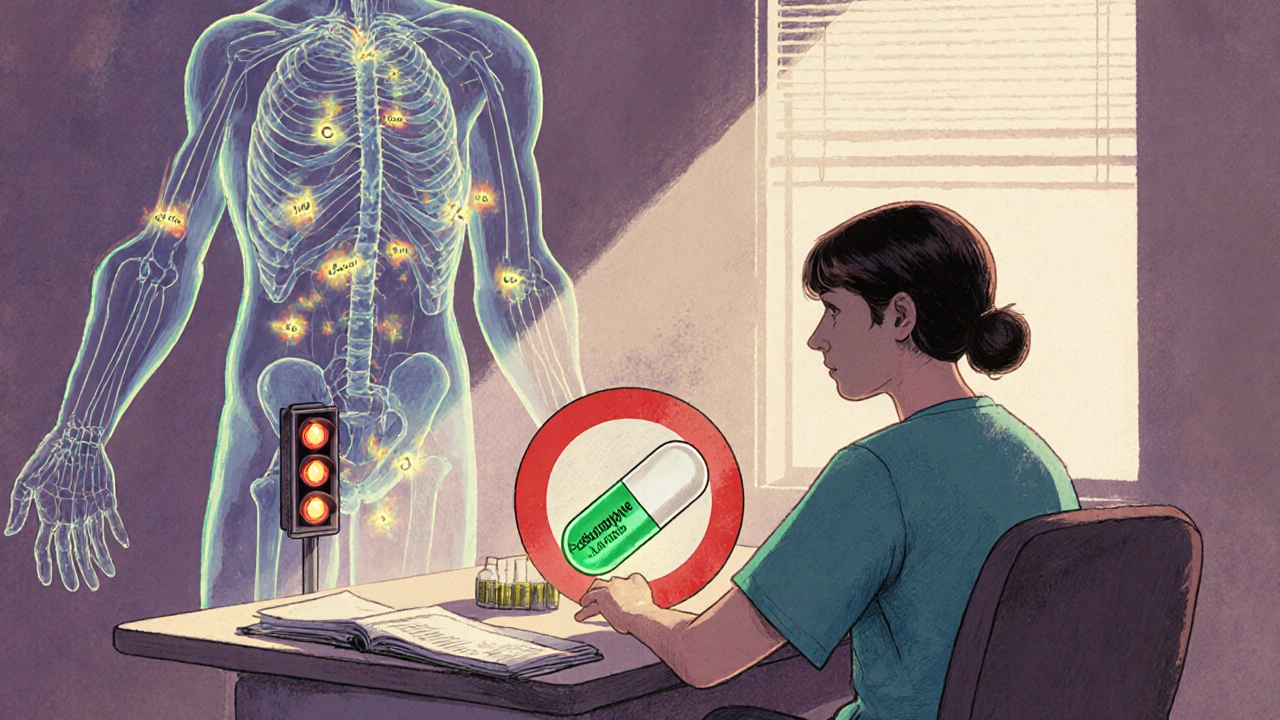 Doctor and patient in clinic, with transparent body showing drug interactions and a safer new medication glowing nearby.