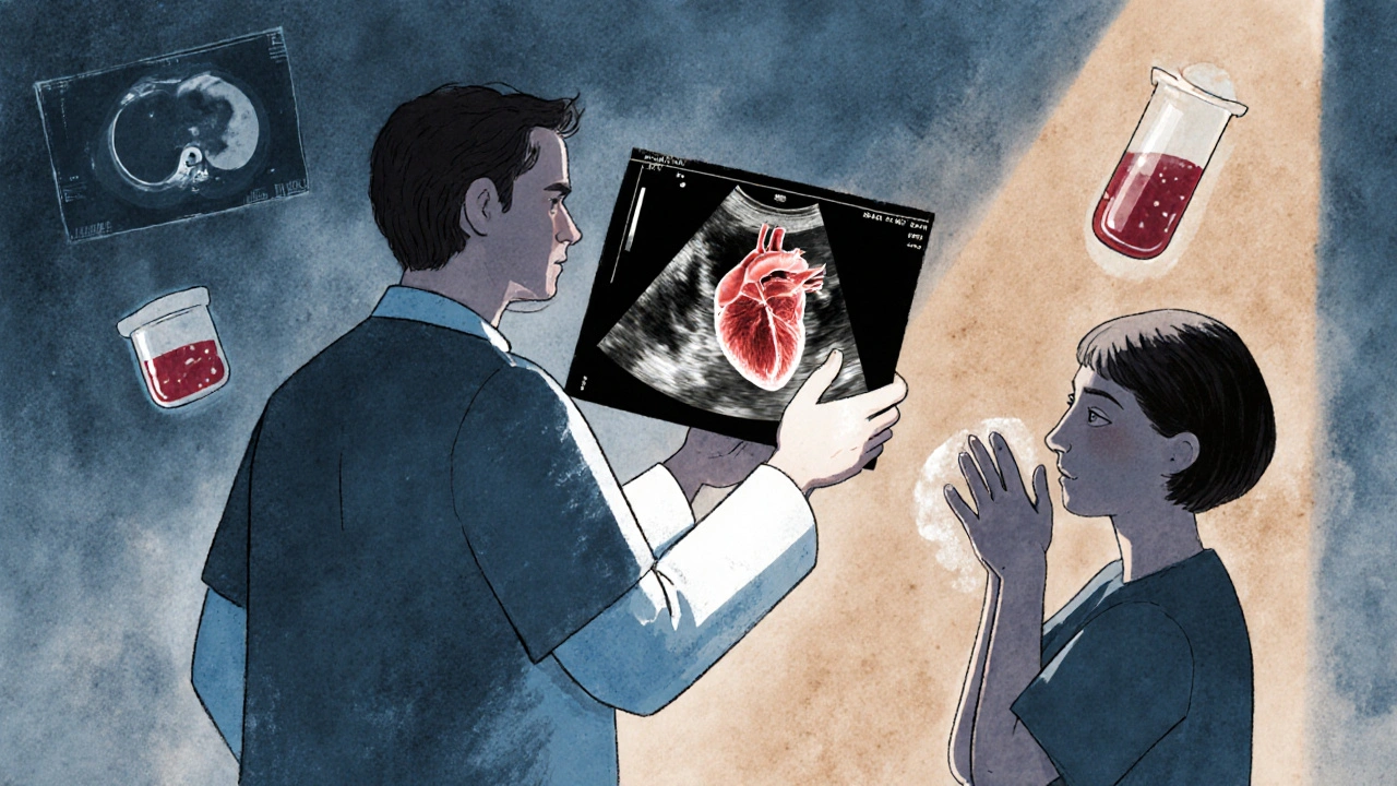 Doctor showing echocardiogram to RA patient with medical icons floating nearby.