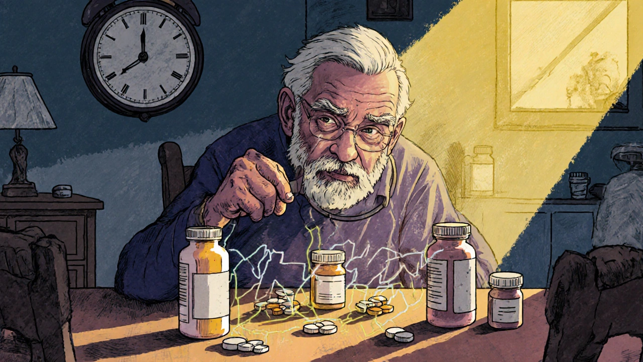 Elderly man surrounded by multiple pill bottles with glowing interaction lines symbolizing drug risks.