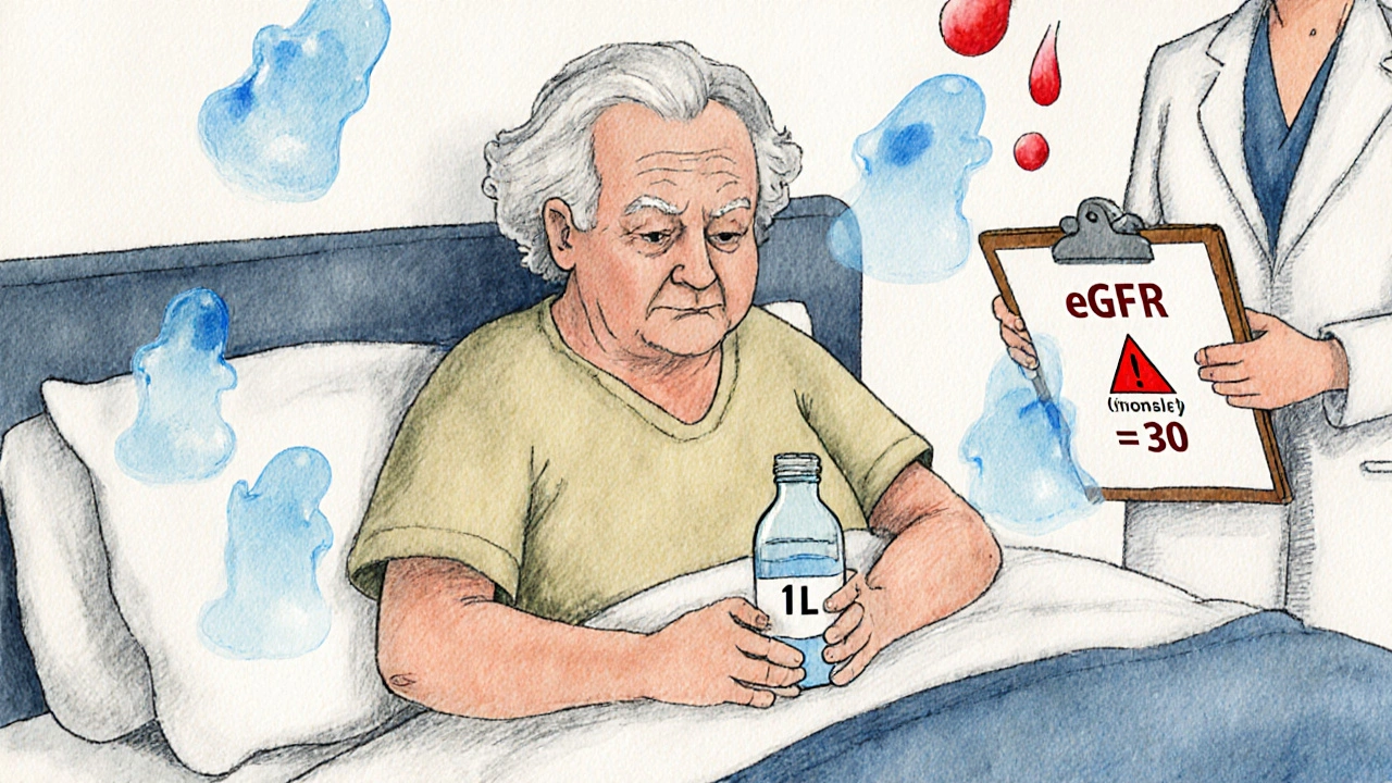 Elderly patient with floating sodium ions, surrounded by medical warnings, illustrating hyponatremia and hypernatremia risks.