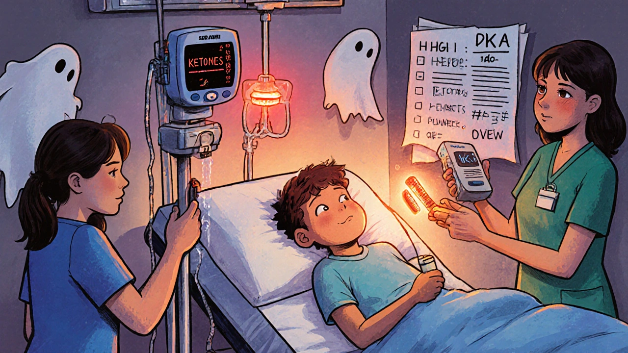 Emergency room staff treating a patient with IV fluids and ketone monitoring during a diabetic ketoacidosis crisis.
