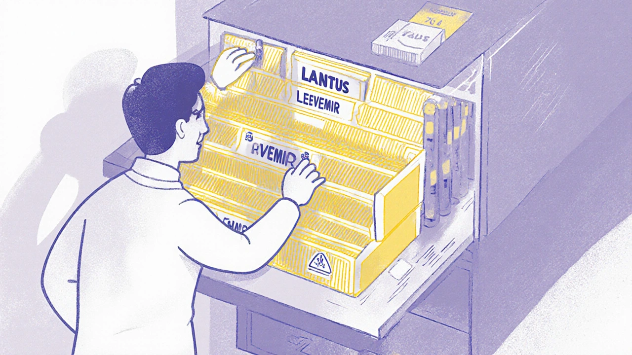 Insulin pens stored in color-coded drawers with Tall Man Lettering labels, pharmacist opening one safely.