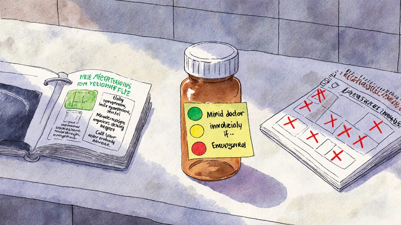 Medicine bottle with traffic light sticky note and highlighted monitoring schedule.