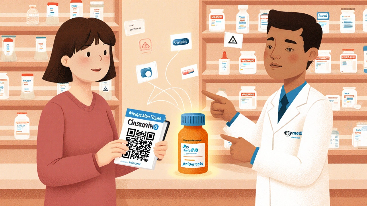 Patient and pharmacist at pharmacy with QR code linking to digital medication guide.