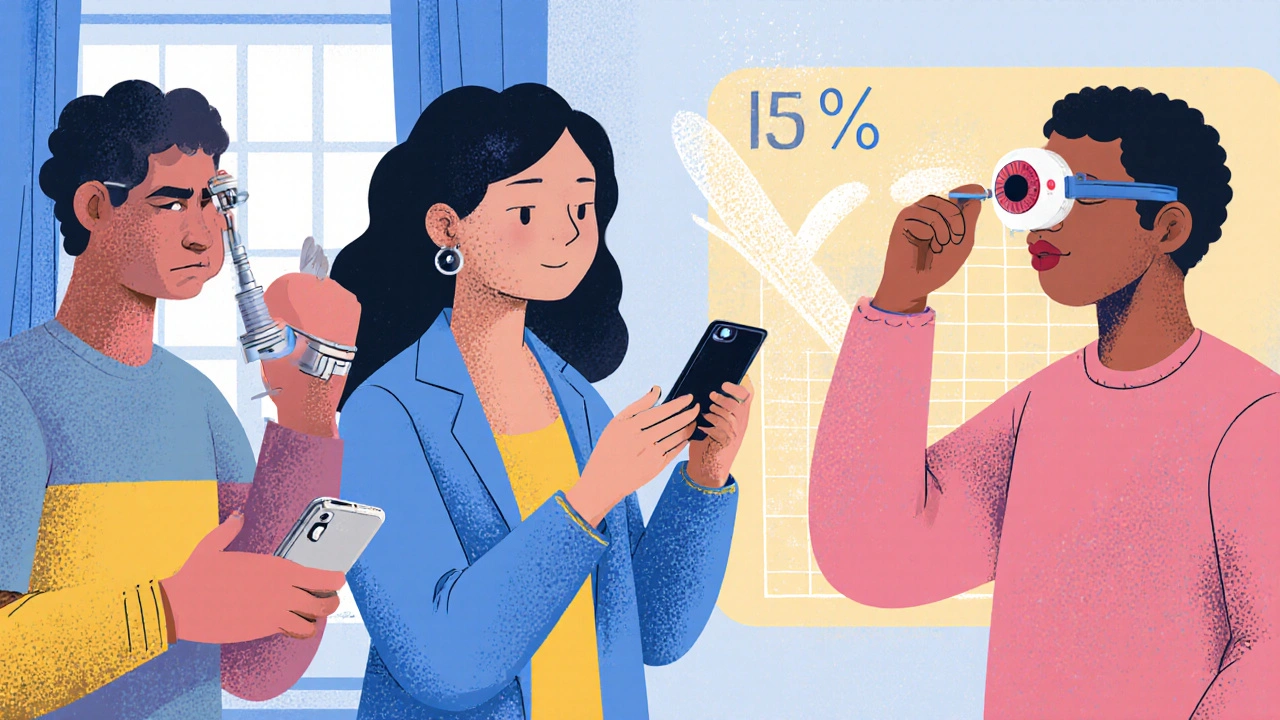 People using smartphone devices for retinal checks at home with treatment symbols.