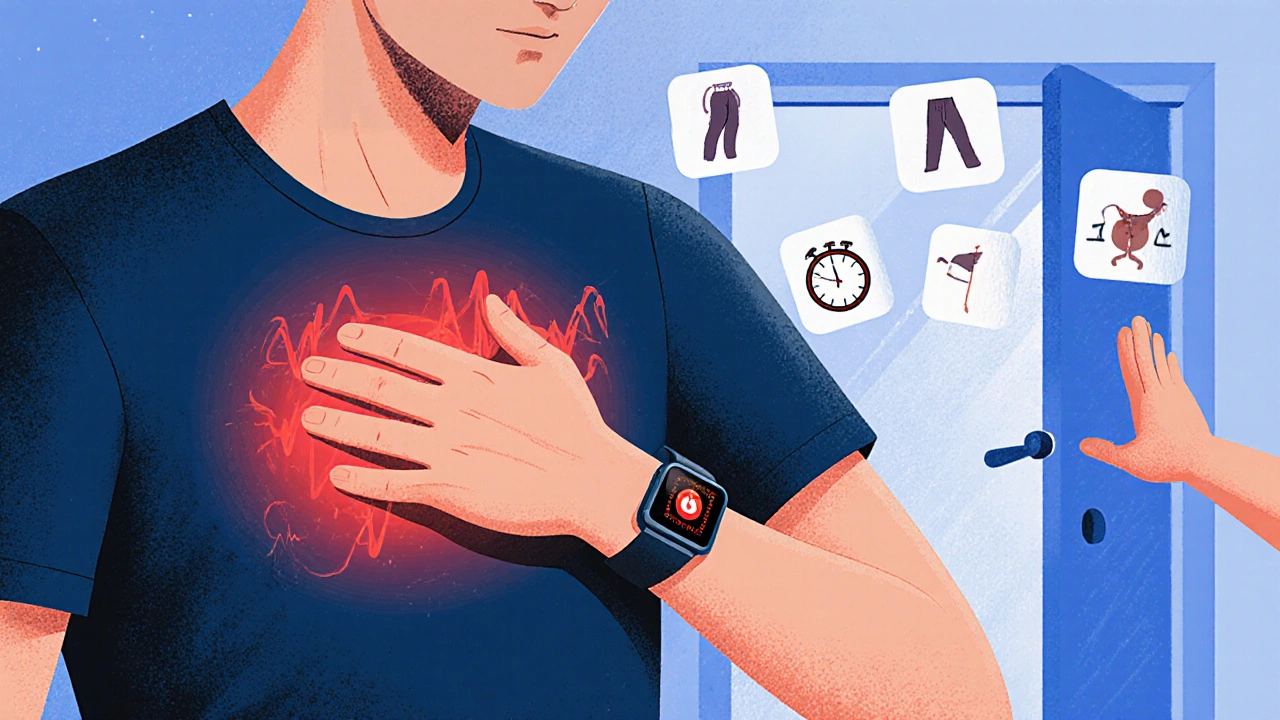Person experiencing chest pain with smartwatch alerting danger, floating symptoms like dark urine and swelling.