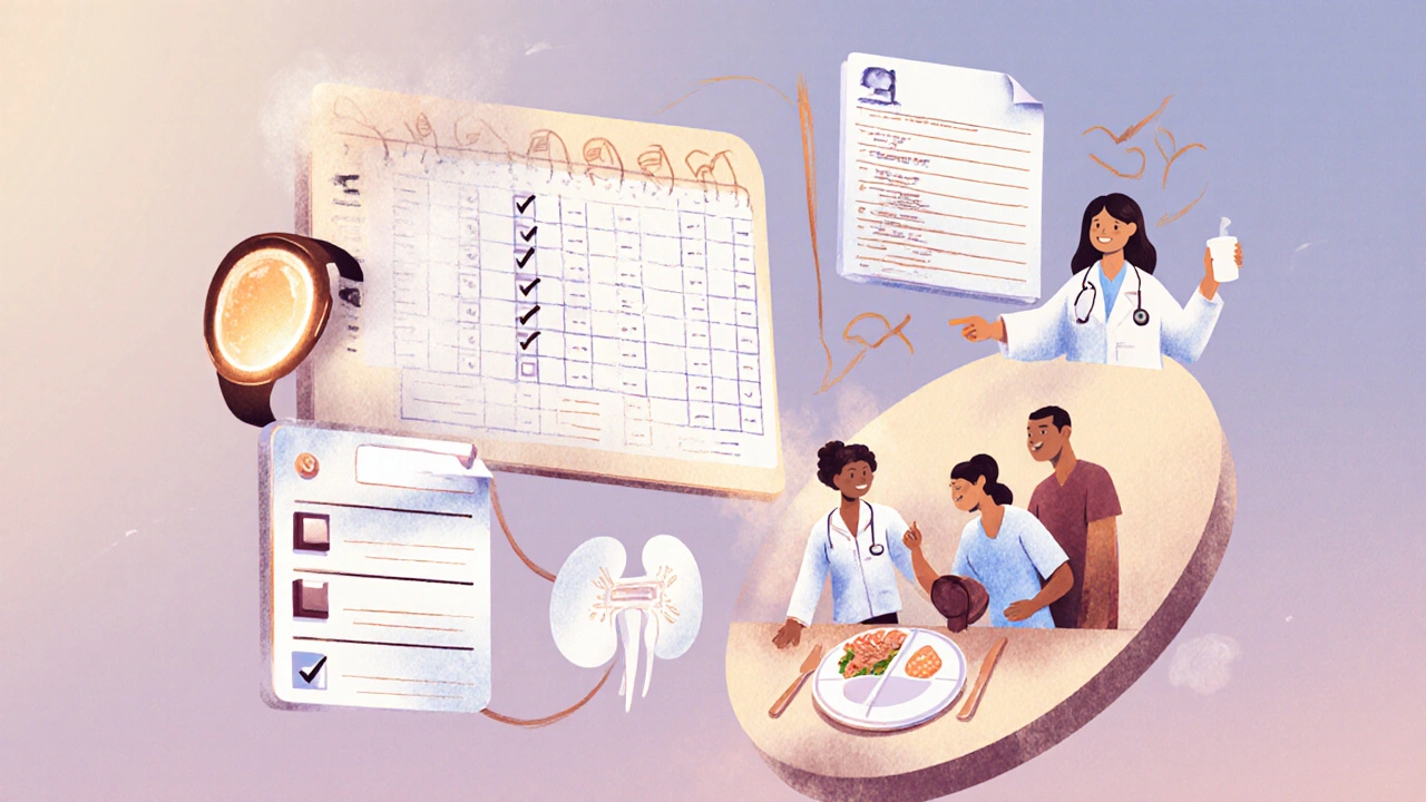 Personalized care dashboard with wearable patch, daily log, and medical team supporting a kidney patient.