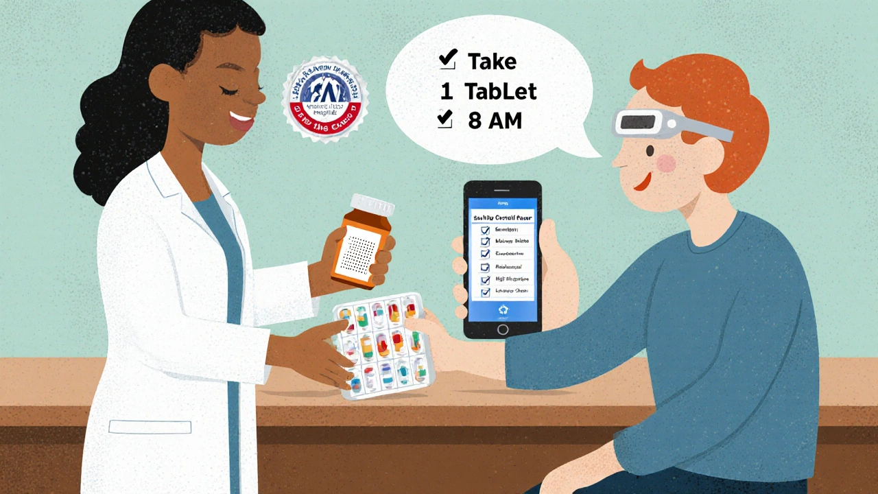Pharmacist giving a large-print pill organizer with smartphone scanning a label.