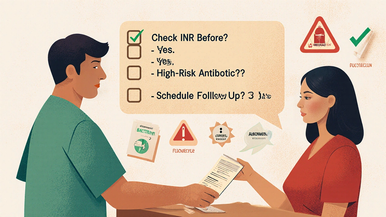Pharmacist giving prescription with checklist and icons showing safe vs. risky antibiotics for warfarin users.
