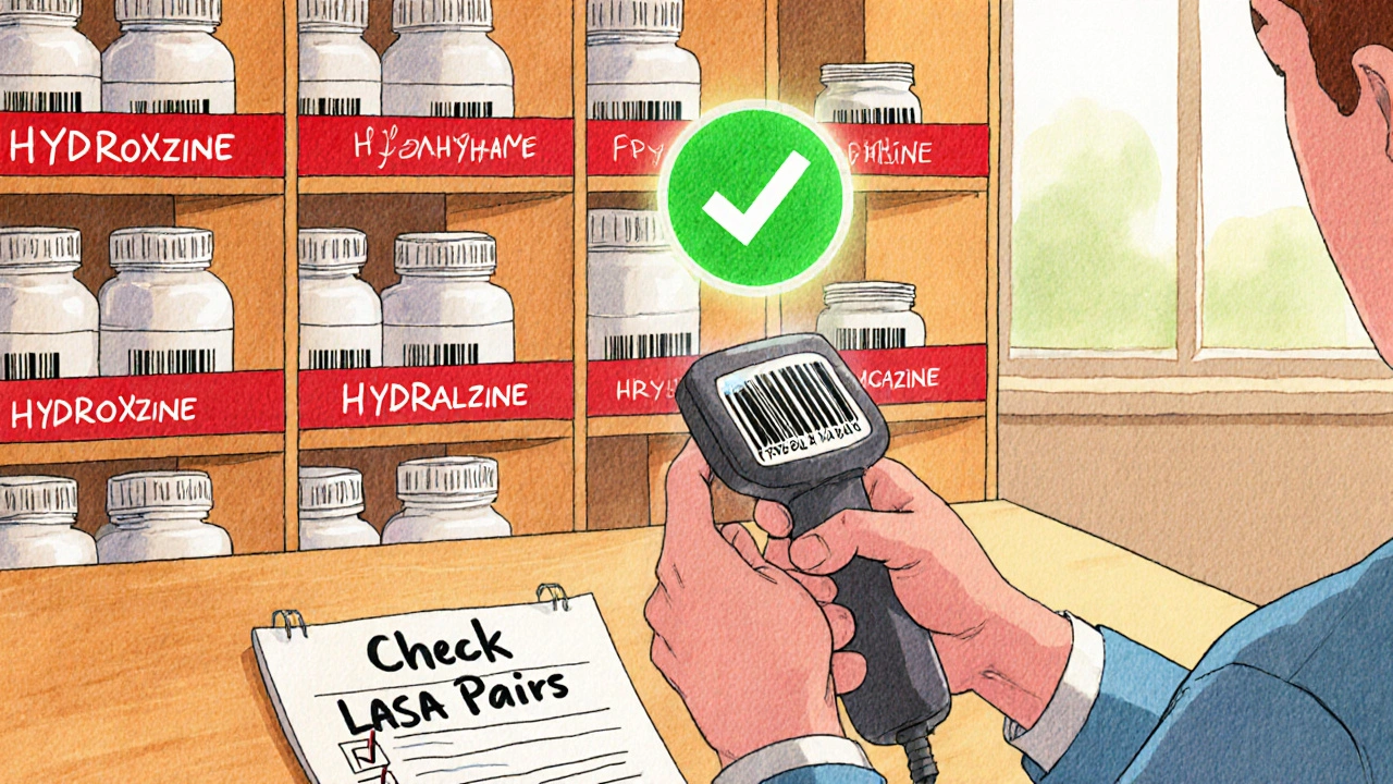 Pharmacist scanning a medication barcode, shelves divided by red tape, with safety checklist visible.