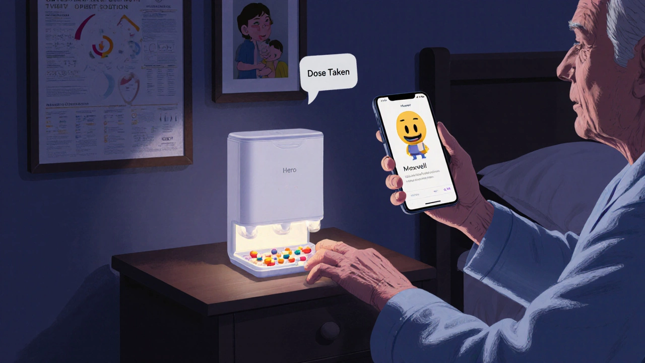Smart pill dispenser glowing as pills release, with AI assistant character nearby and caregiver alert on phone.