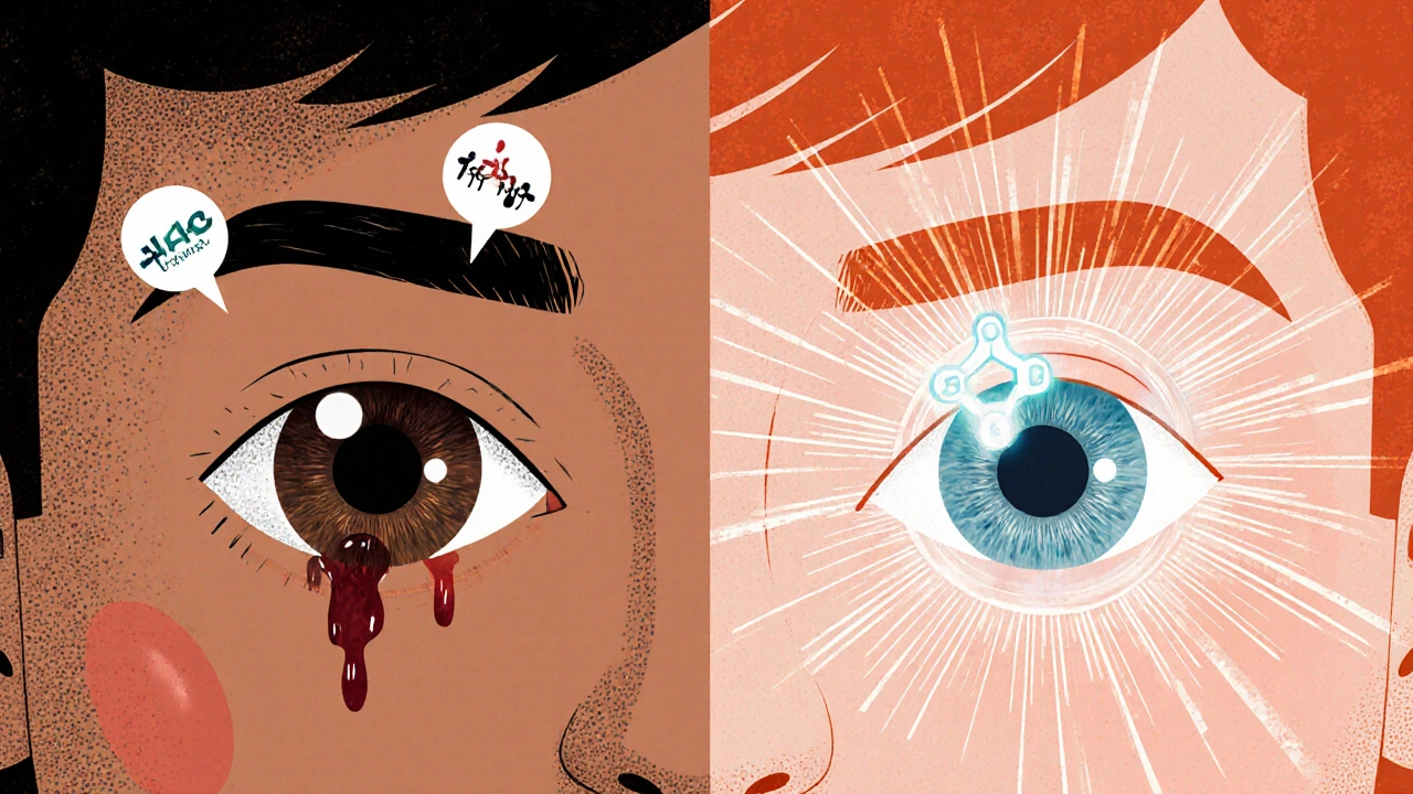 Split illustration comparing healthy and damaged retinas based on diabetes control.