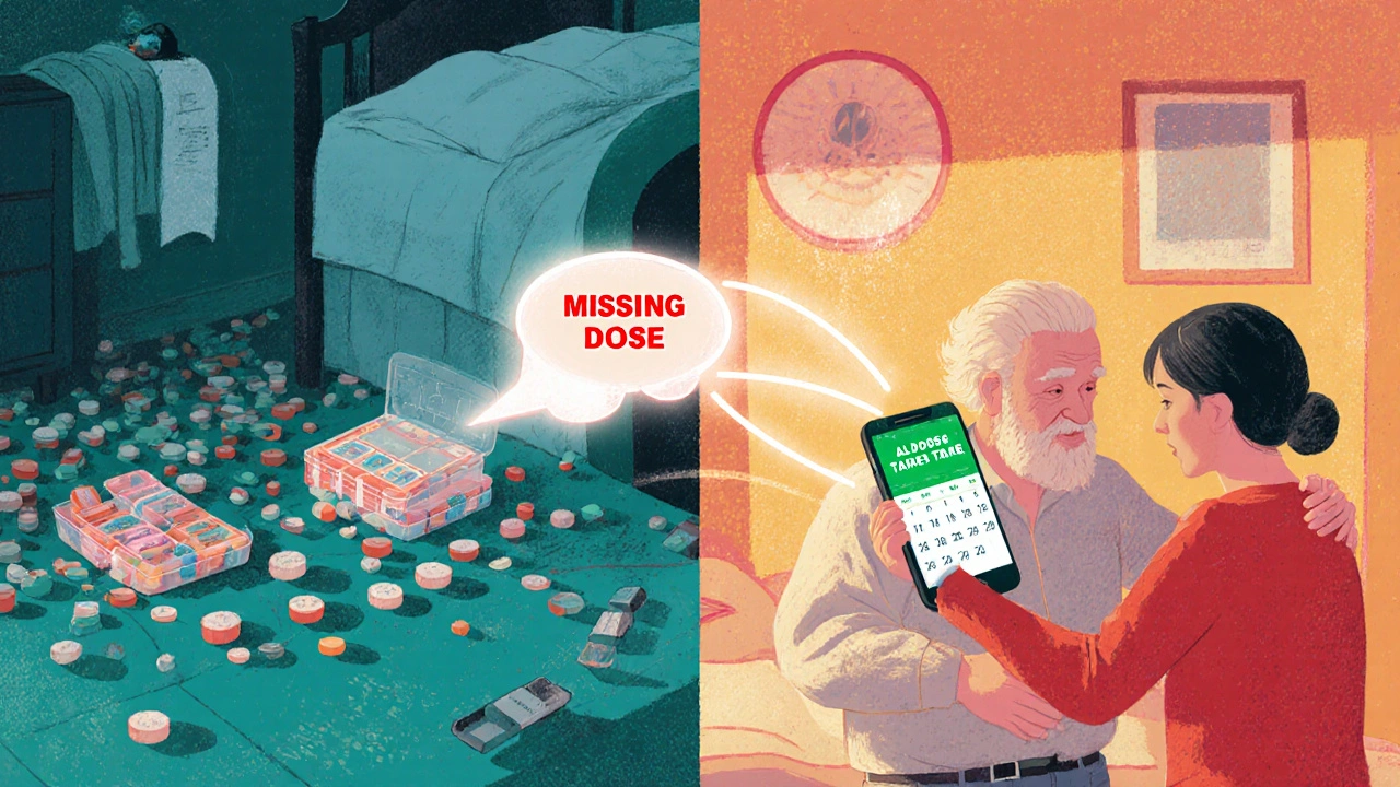 Split scene: chaotic bedroom with missed pills vs. organized room with confirmation alert and comforting hand on shoulder.