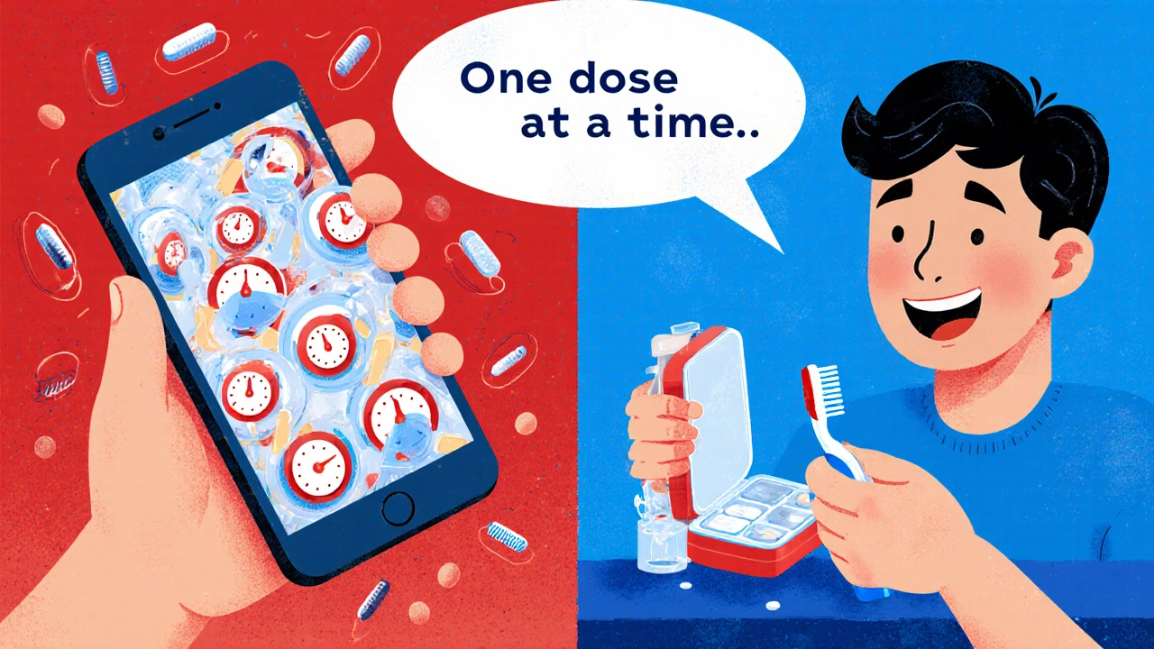 Split scene: chaotic phone alarms vs. simple pill box next to toothbrush, with message &#039;One dose at a time&#039;.