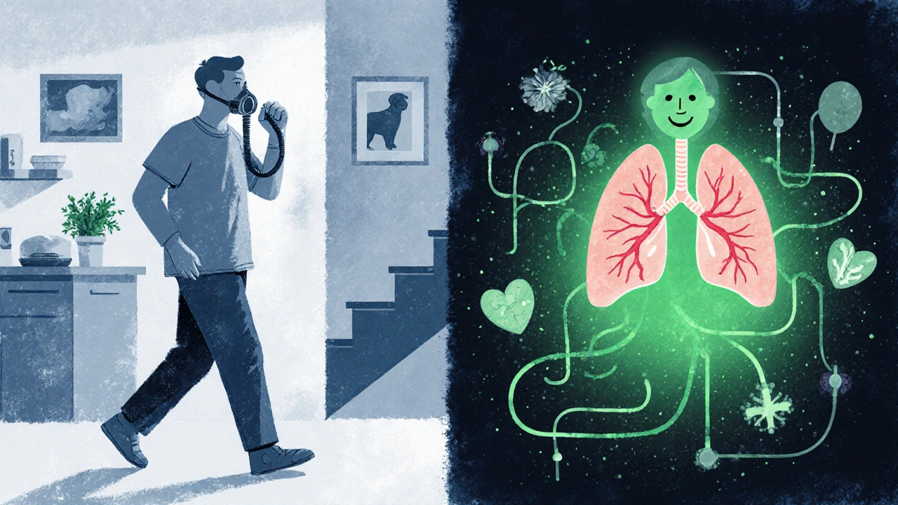 Split scene: patient struggling to breathe versus breathing easily with treatment.