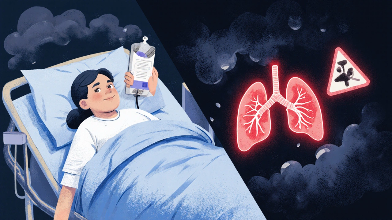 Split scene showing mild sedation vs. life-threatening overdose from combined drug use.