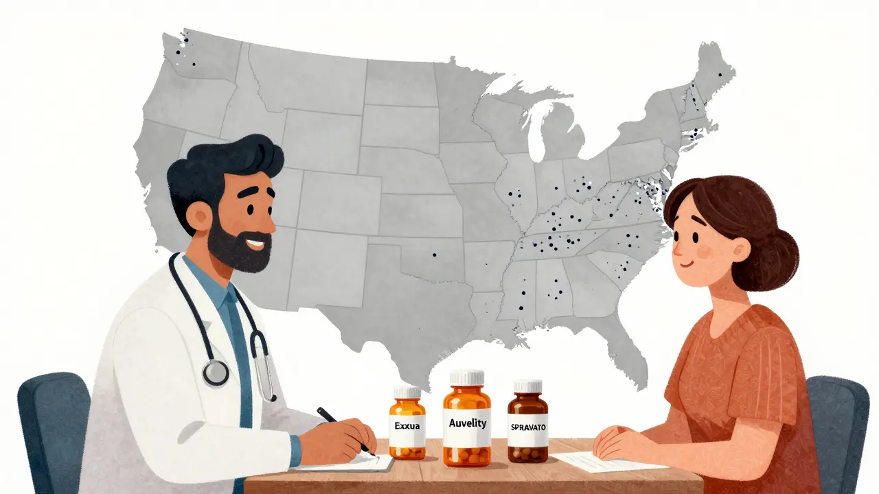 A doctor and patient examine antidepressant options beside a U.S. map showing limited clinic access.