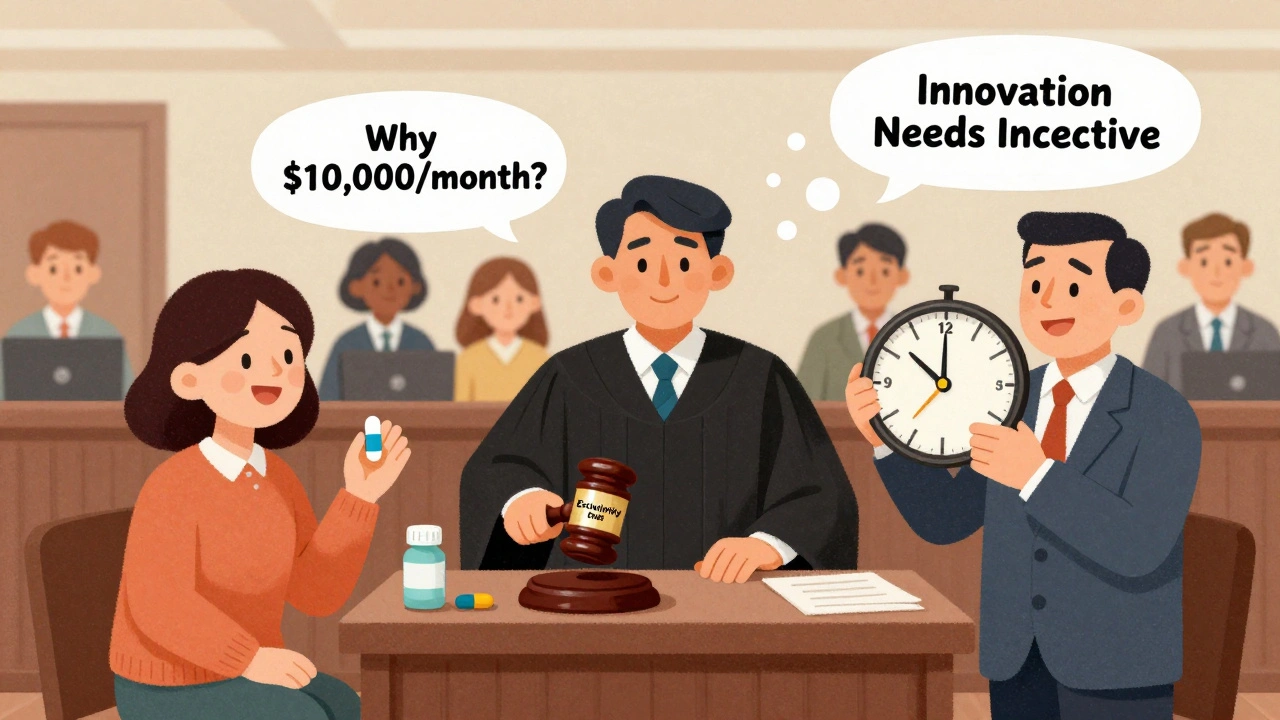 A judge in FDA robes ends exclusivity as a patient holds a cheap pill and a pharma CEO clutches a still-ticking 12-year timer.