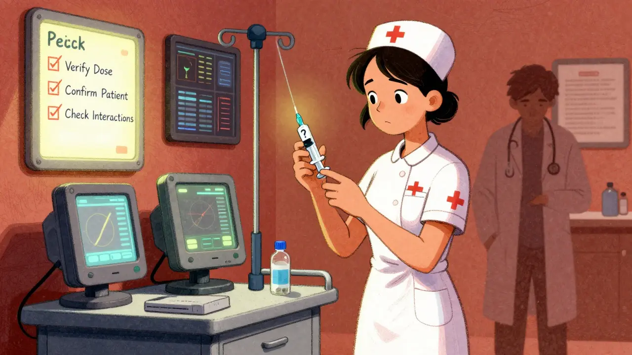 A nurse checking an IV medication in a hospital, surrounded by chaotic screens and a checklist with missing safety steps.