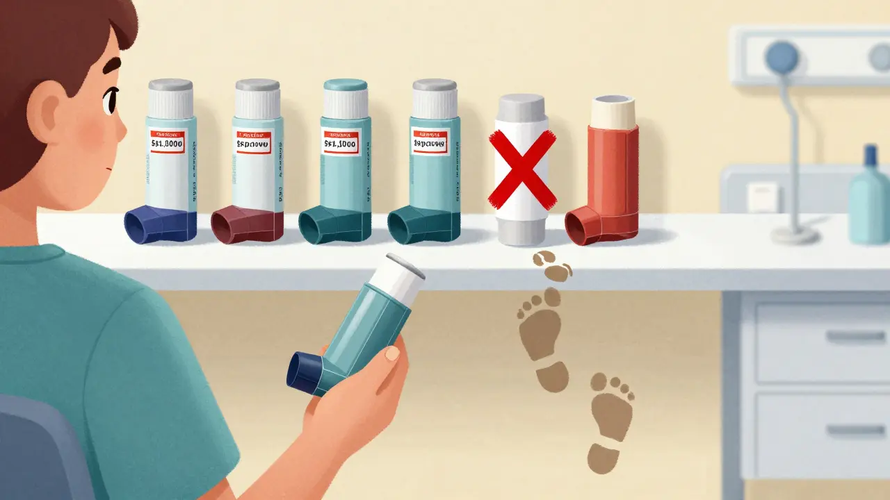 A patient holding an expensive inhaler while a rejected generic version has a red X over it.