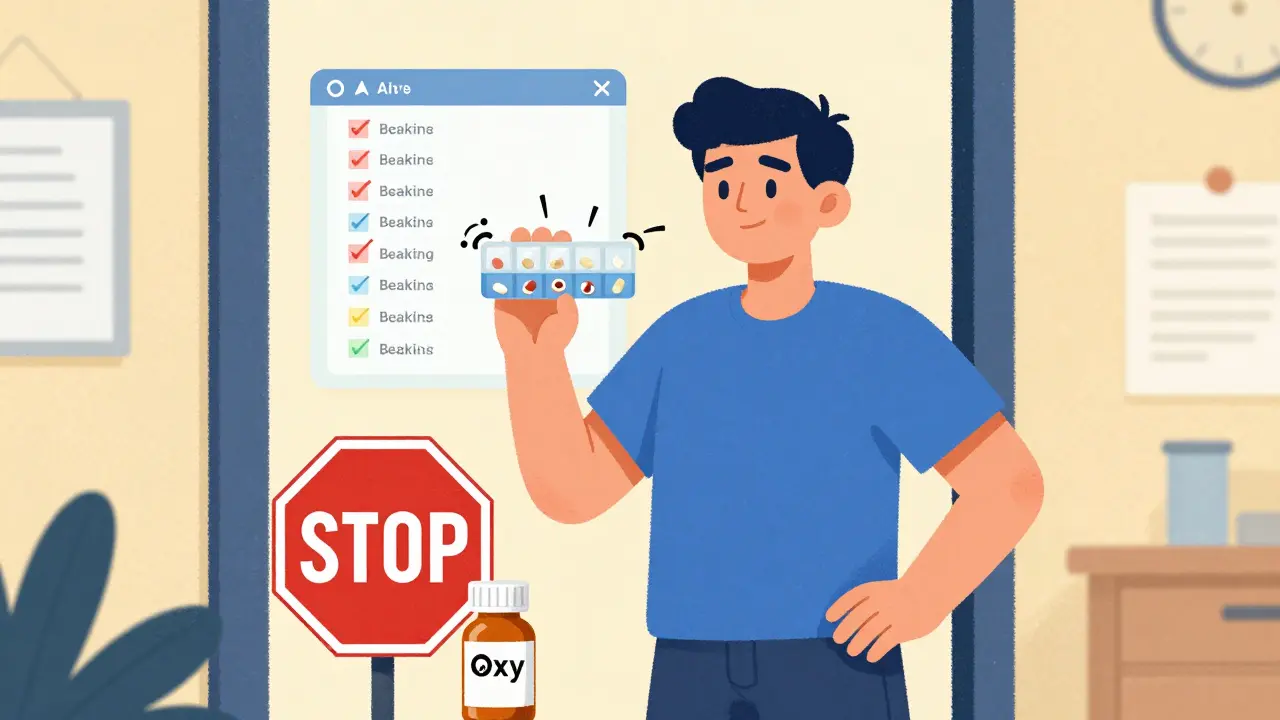 A person confidently using a pill organizer with AI safety alerts, blocking counterfeit pills with a stop sign.