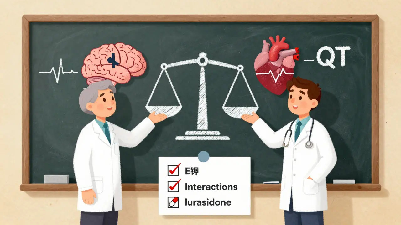 A psychiatrist and cardiologist balancing brain and heart symbols on a chalkboard with safety checks.