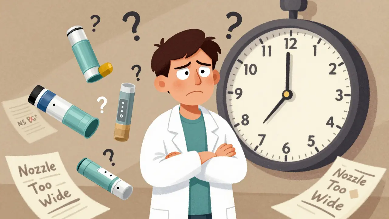 A scientist surrounded by medical devices with question marks and a clock showing years of delay.
