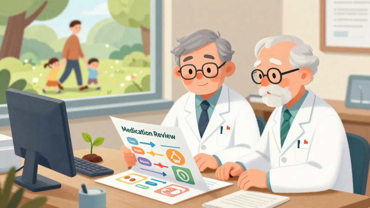 A senior and pharmacist review a medication chart with icons, while a vibrant scene of walking in the park appears in the background.