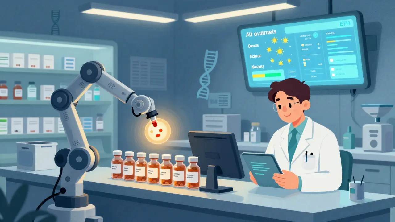 AI pharmacy center at night with robotic arms sorting pills and a pharmacist reviewing alerts.