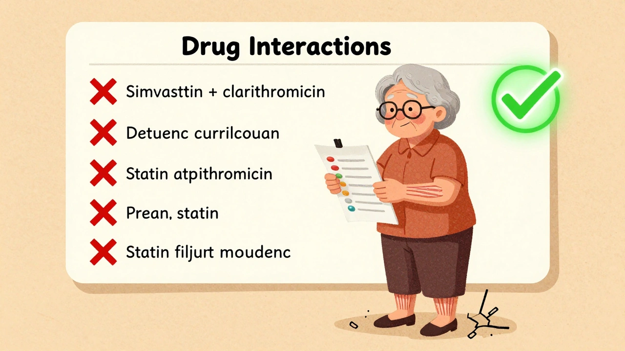 An elderly woman holding a medication list beside a chart showing dangerous drug interactions with a green safe option highlighted.
