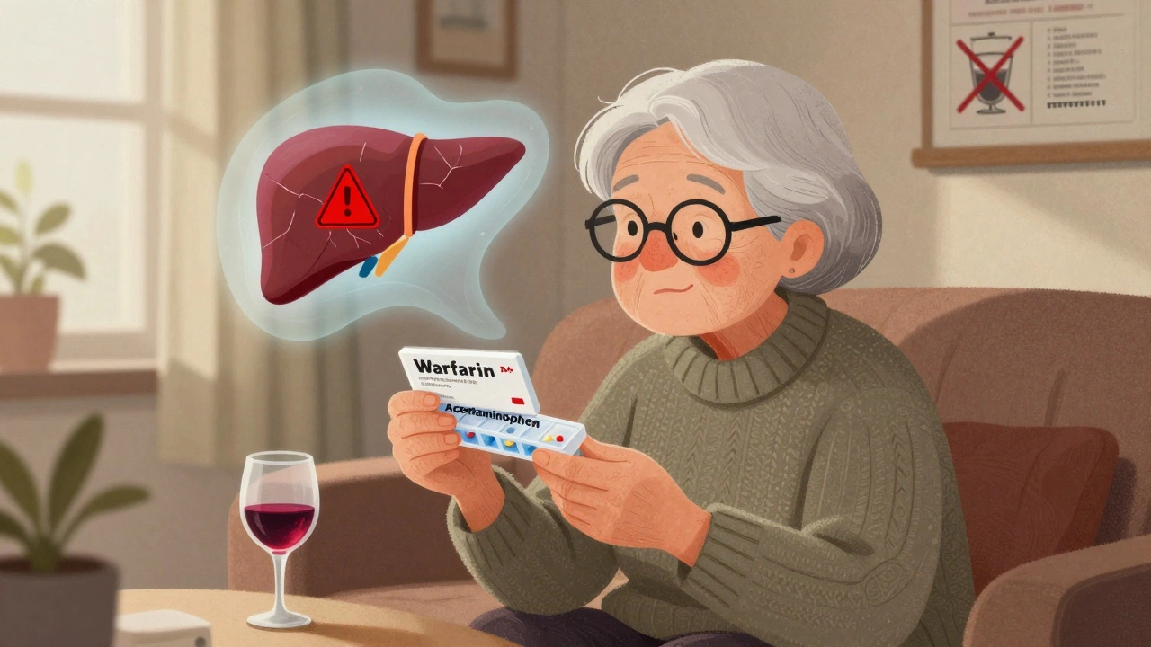 An elderly woman with pill organizer and wine glass, a cracked liver ghost hovering above her.