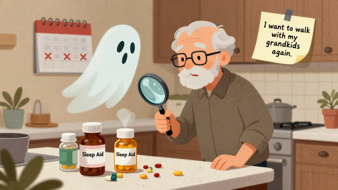 An older adult in the kitchen faces pill bottles, with dizziness and fatigue rising as ghostly figures beside a hopeful note.
