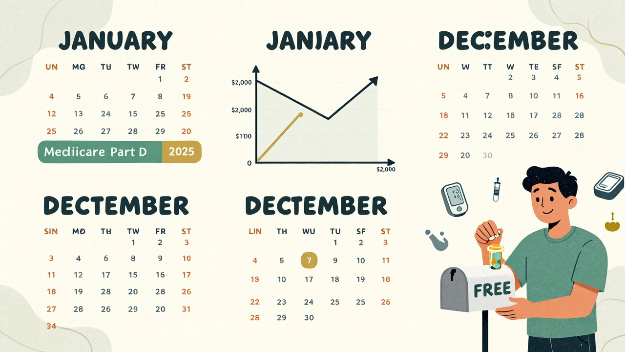 Calendar showing Medicare Part D coverage phases with out-of-pocket costs dropping to zero after ,000 cap.