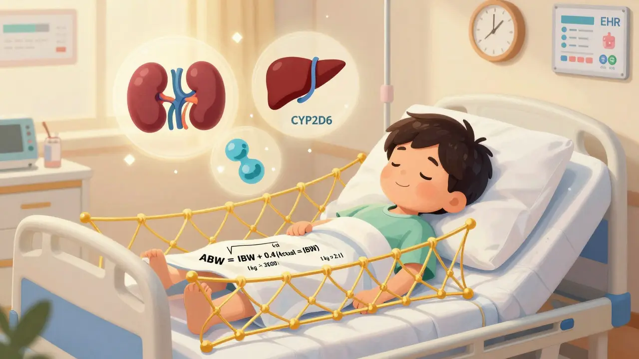 Child safely cradled by floating medical formulas and organ icons representing personalized dosing.