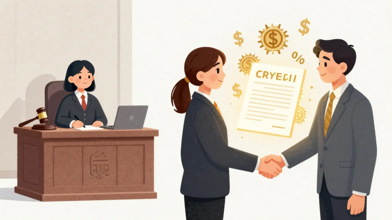 Companies shaking hands instead of going to court, with royalty symbols and tech designs between them.