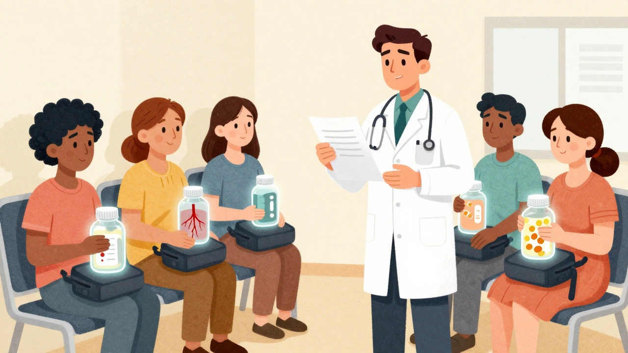 Diverse patients in a clinic waiting room, each with supplements revealing hidden health risks through transparent overlays.