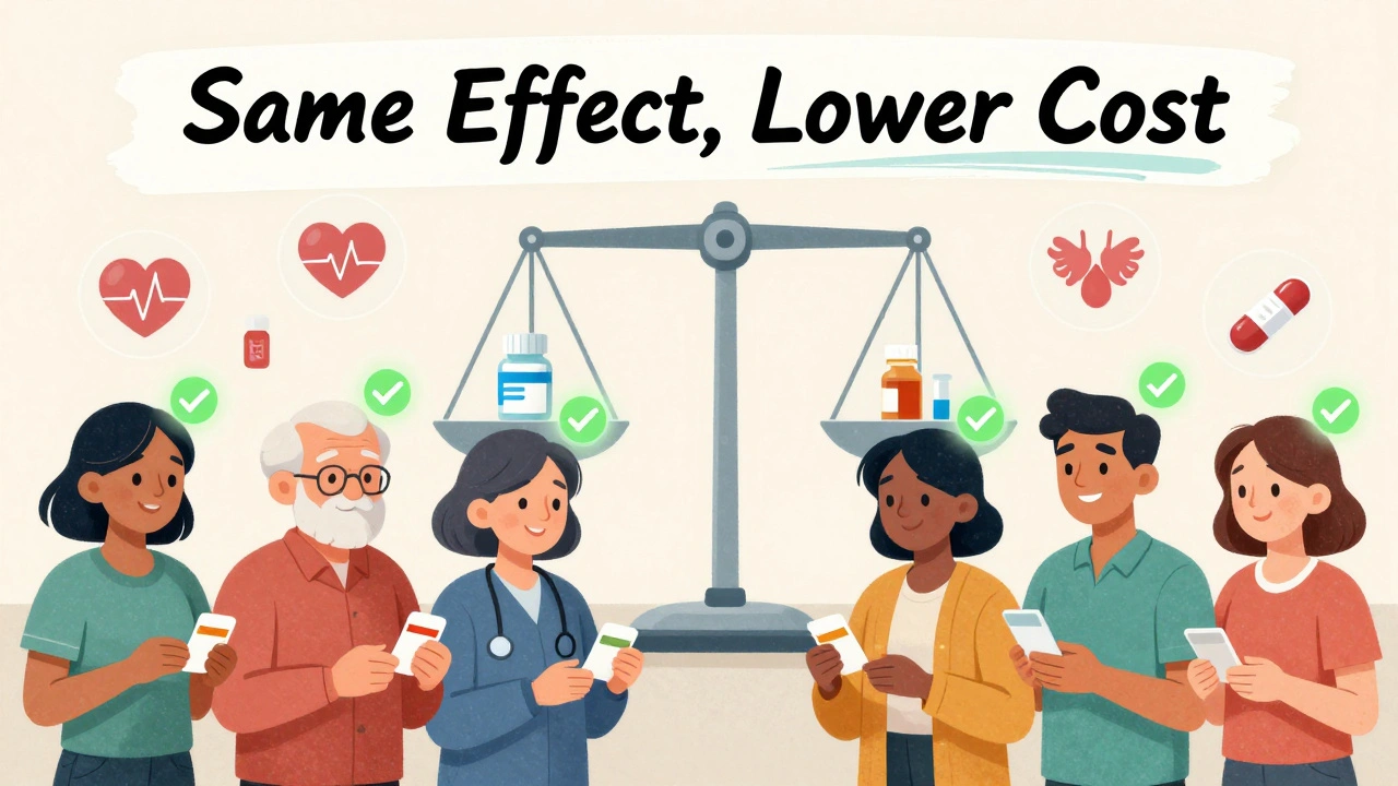 Diverse patients smiling with checkmarks above heads, balanced scale showing brand and generic drugs as equal.
