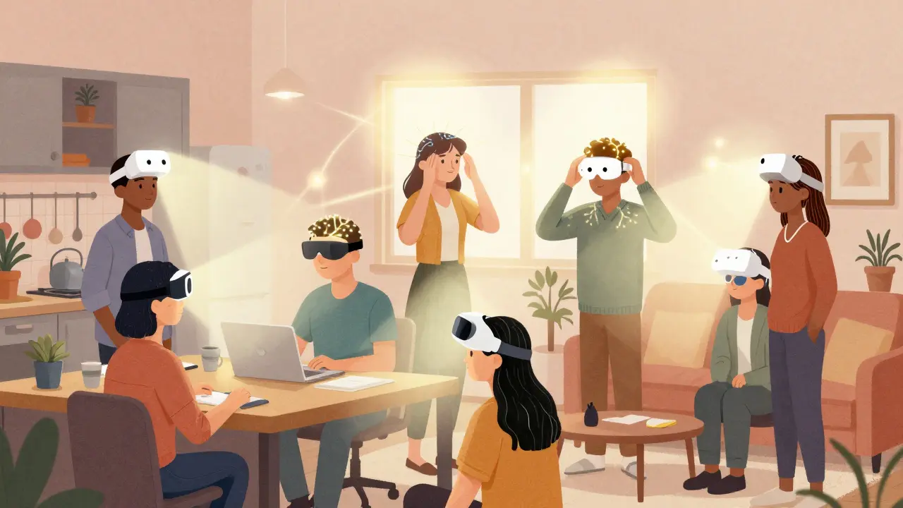 Diverse people using light therapy devices at sunrise, connected by glowing rays symbolizing improved mood and brain chemistry.