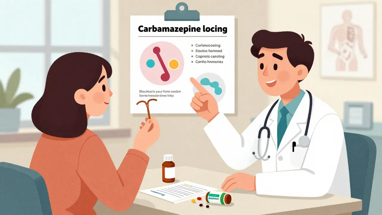 Doctor and patient discussing contraception options, copper IUD in hand, discarded birth control pills on table.