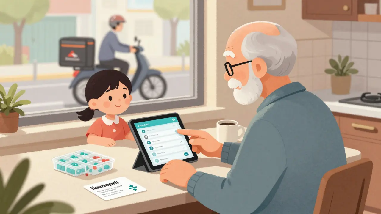 Elderly man learning digital pharmacy app with granddaughter, pill organizer, and delivery bike outside.