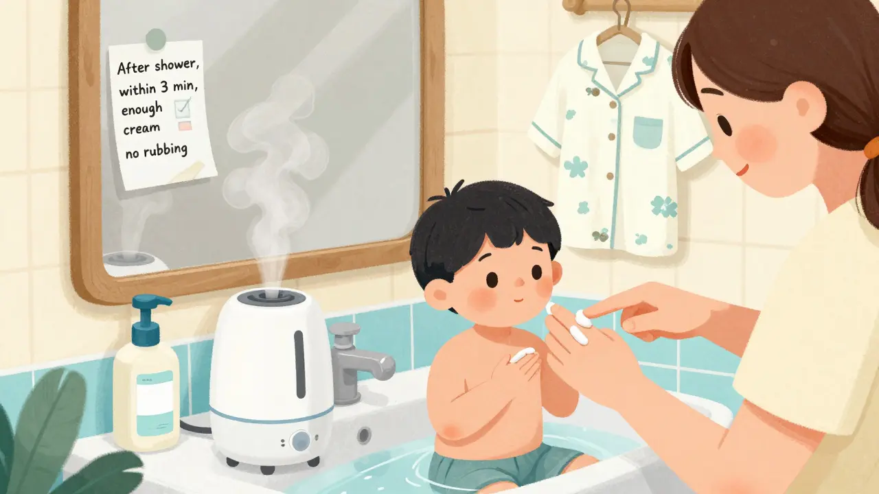 Family applying emollient after bath, with humidifier and cotton clothes nearby in a cozy bathroom.