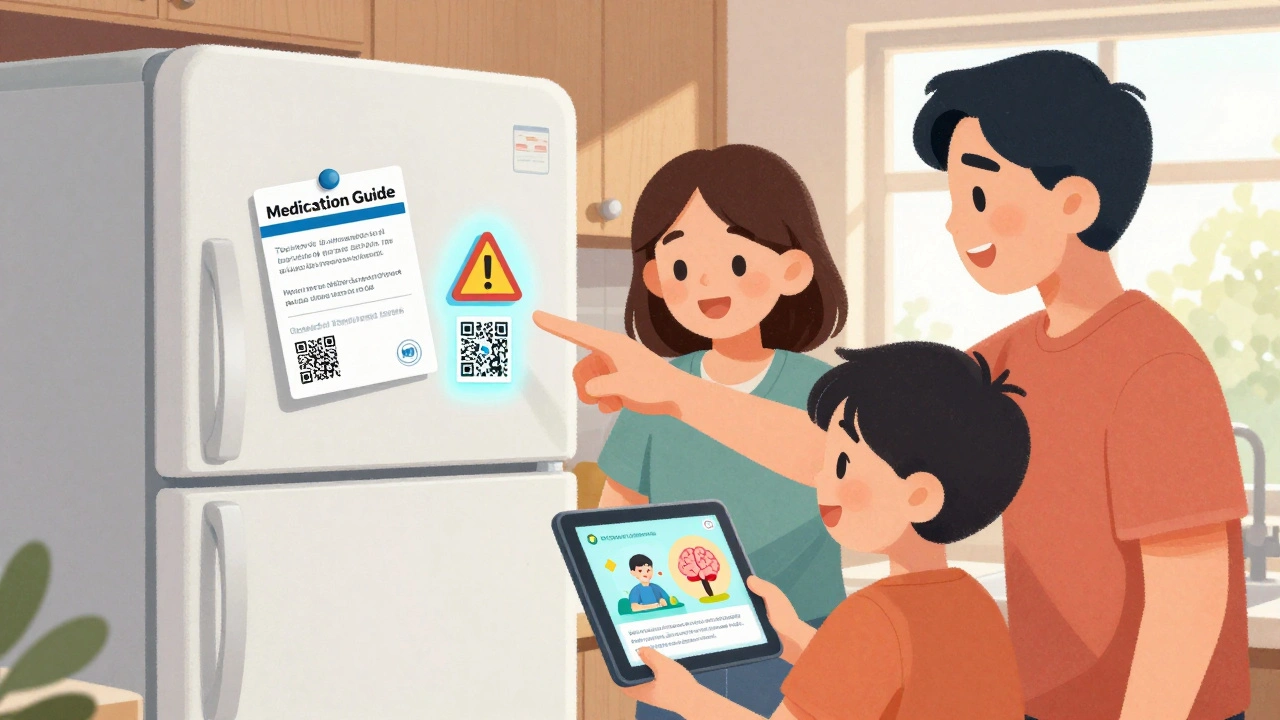 Family looking at a Medication Guide card on the fridge with a QR code and tablet showing a safety video.