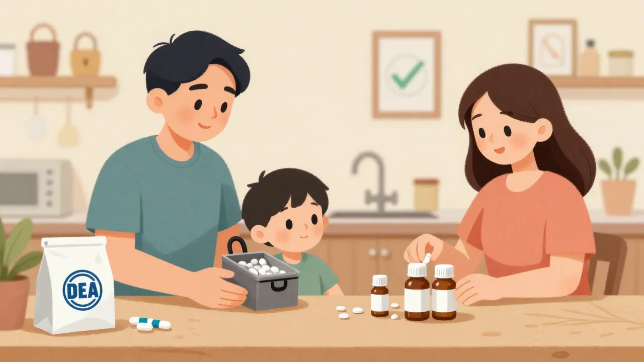 Family receiving free lockbox from pharmacist at kitchen counter.