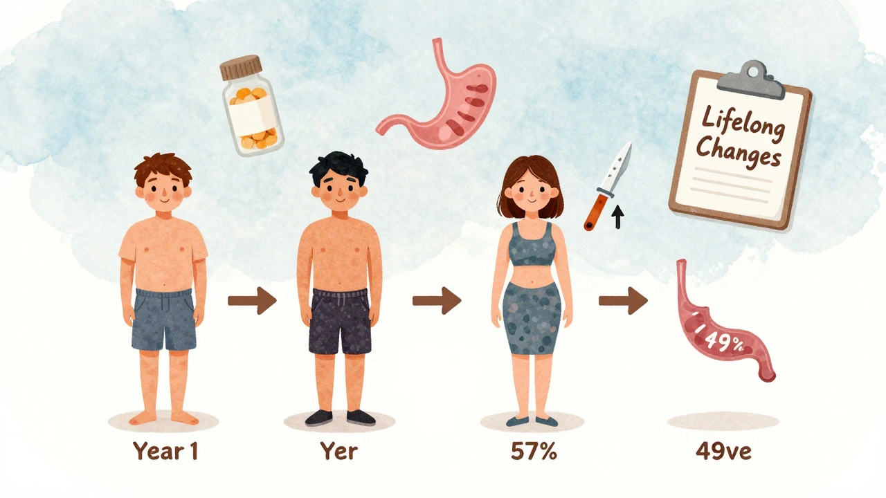 Five-year weight loss timeline showing differences between bypass and sleeve procedures