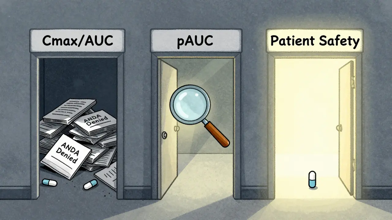 Generic pill approaching a narrow approval gate labeled 'pAUC', with rejected applications behind it.